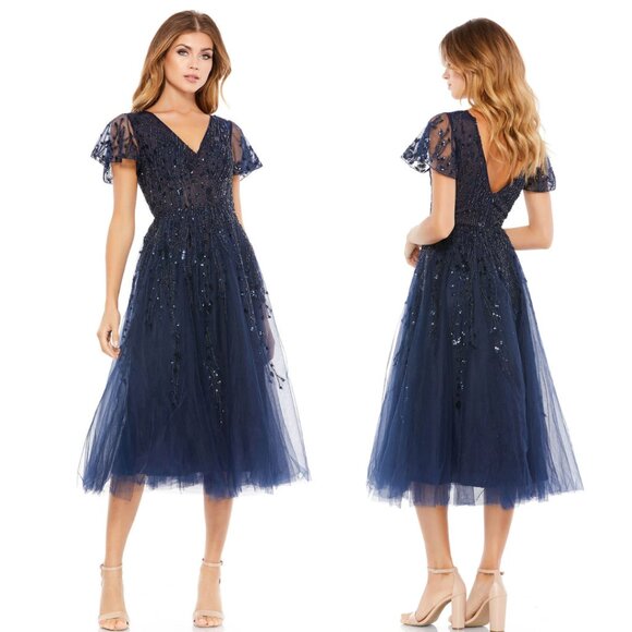MAC DUGGALEMBELLISHED FLUTTER SLEEVE TEA-LENGTH DRESS #20304